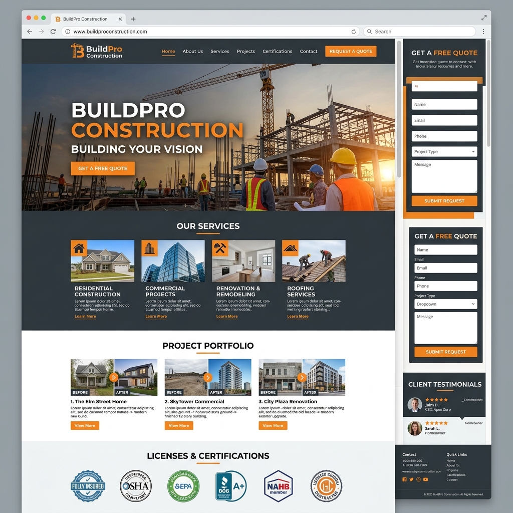 Construction company website with project portfolio