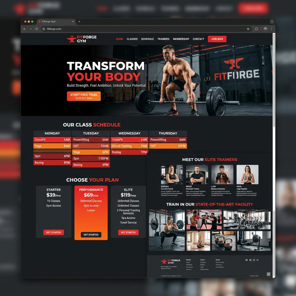 Gym website with class schedule and membership plans